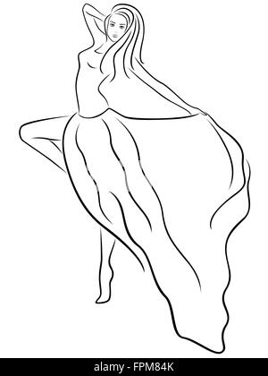 Belle slim femme debout sur une jambe et montre robe longue main, contour dessin vectoriel Illustration de Vecteur