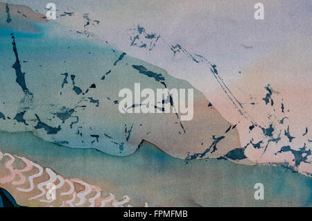 Les rizières en terrasses, le paysage avec des montagnes, fragment, hot batik, l'art fait à la main sur soie , texture d'arrière-plan Banque D'Images