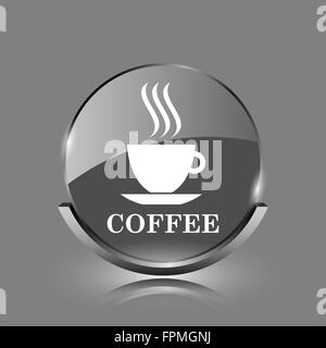 Icône représentant une tasse de café. Bouton internet brillant brillant sur fond gris. Banque D'Images
