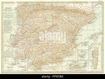 IBERIA : Espagne, Portugal, Açores, Canaries, Madère, Iles Baléares, Gibraltar, 1903 map Banque D'Images