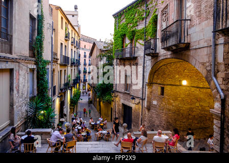 Pujada de Sant Domenec street dans le quartier médiéval de Gérone, Catalogne, Espagne Banque D'Images