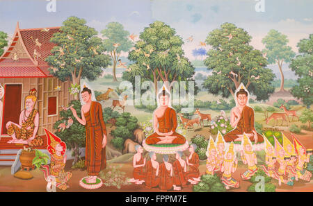 Thai art, mythologie murales religion bouddhiste sur mur dans Wat Neramit, Vipasama, Dansai Loei, Thaïlande Banque D'Images