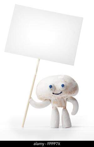 Champignon holding blank card isolé sur fond blanc Banque D'Images