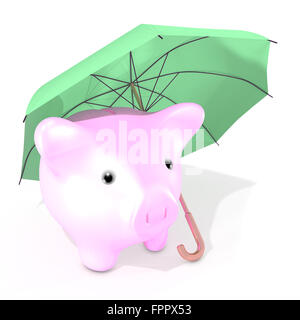 L'illustration montre un parapluie protégeant un peu tirelire contre d'éventuels problèmes liés à la baisse des prix du marché. Banque D'Images