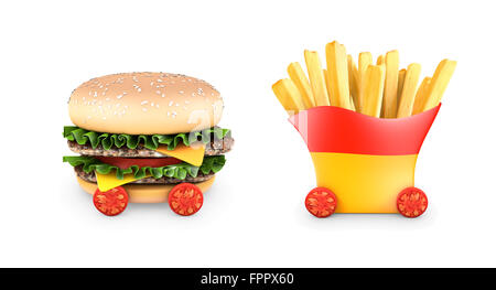 Un hamburger avec double steak, salade, et les tomates cerises et les frites. Le rendu 3D. Banque D'Images