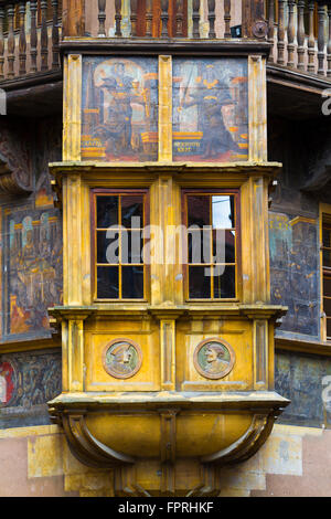 Détail maison médiévale en bois Maison Pfister à Colmar, Alsace, Haut Rhin, France Banque D'Images