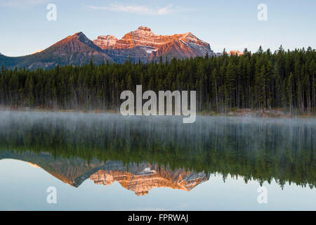 La gamme Bow reflète dans Herbert Lake à l'aube, le parc national Banff, Canadian Rockies, Province d'Alberta, Canada Banque D'Images