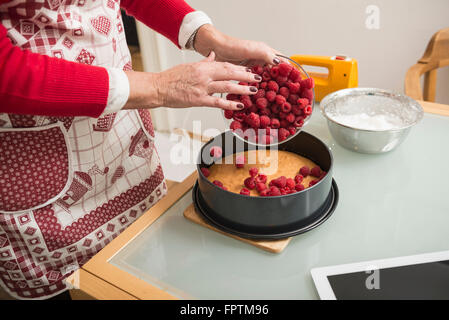 Senior woman diffusion framboises sur base du gâteau en forme de ressort pan, Munich, Bavière, Allemagne Banque D'Images