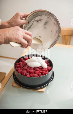 Senior woman pouring meringue sur base du gâteau et de baies dans un moule à charnière, Munich, Bavière, Allemagne Banque D'Images