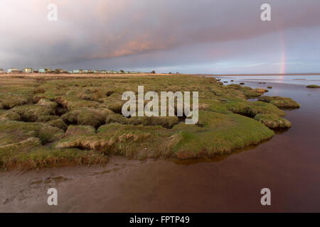 Solway Firth, en Écosse. Un arc-en-ciel au coucher du soleil sur le Solway Firth saltmarsh et plage, près du village de Powfoot. Banque D'Images