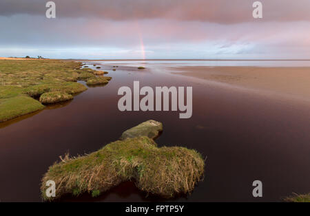 Solway Firth, en Écosse. Un arc-en-ciel au coucher du soleil sur le Solway Firth saltmarsh et plage, près du village de Powfoot. Banque D'Images