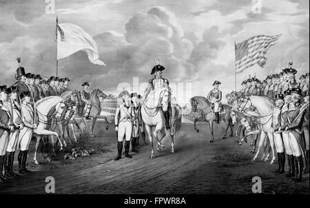 La guerre révolutionnaire Vintage print montrant la reddition des troupes britanniques, au général George Washington et l'armée continentale. Banque D'Images