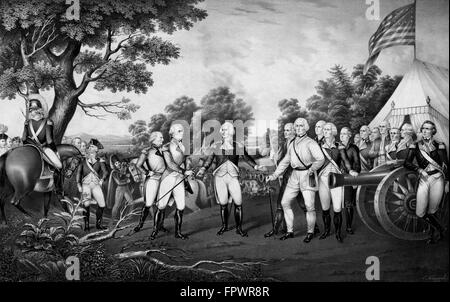 La guerre révolutionnaire Imprimer montrant la remise du général britannique John BURGOYNE à Saratoga, le 17 octobre 1777. Cette action pre Banque D'Images