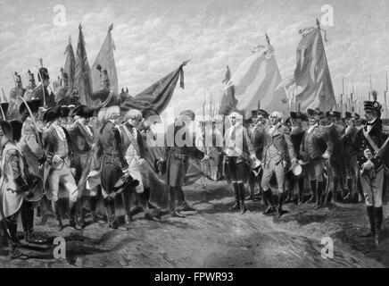 La guerre révolutionnaire Vintage print montrant la reddition des troupes britanniques au Général George Washington et l'armée continentale. Banque D'Images