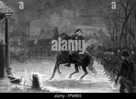 L'histoire de l'Amérique Vintage print du Général George Washington sur son cheval, menant des troupes armées, à la bataille de Trenton. Banque D'Images