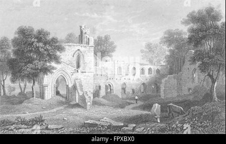 Pays de Galles : Basingwerk abbaye, Flintshire : Gastineau, antique print 1850 Banque D'Images