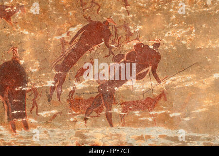 San (Bushmen) peinture rupestre des humains et des antilopes, des montagnes du Drakensberg, Afrique du Sud Banque D'Images