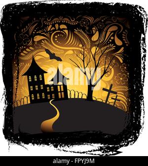Arrière-plan de l'Halloween à la citrouille, la nuit bat, arbre et maison du bâti Illustration de Vecteur