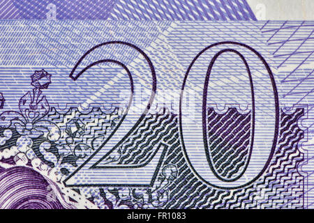 Close up d'un billet de banque de 20 livres sterling en monnaie britannique Banque D'Images