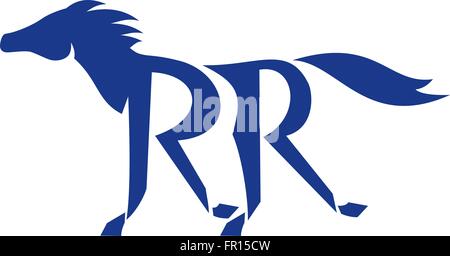 Illustration d'une silhouette de cheval bleu foncé tournant avec double R comme ses jambes sur fond isolé fait en style rétro. Illustration de Vecteur