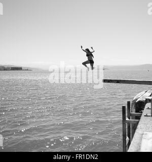 Plongée nageurs sur une planche en bois, Port de Wellington, Nouvelle-Zélande Banque D'Images