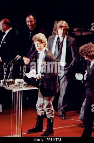 La 4e édition du Rock 'N' ROLL HALL OF FAME CÉRÉMONIE , LES ROLLING STONES Mick Jagger , Pete Townshend, Mick Taylor , Hotel Waldorf Astoria NEW YORK 01-18-1989 photo Michael Brito Banque D'Images