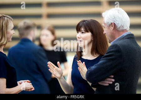 Businesswoman gesturing et parler aux collègues Banque D'Images