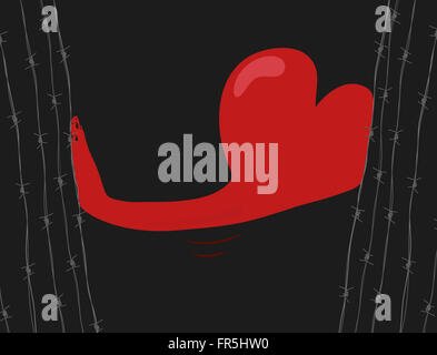 L'ouverture d'amour fil bardé. Coeur et la main. Banque D'Images