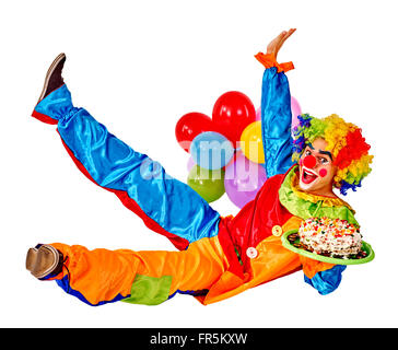Joyeux anniversaire clown tenant un bouquet de ballons. Banque D'Images