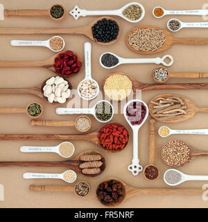 Superfood séché en sélection des cuillères et des bols sur fond de papier naturel. Fortement nutritif en antioxydants, minéraux, vitami Banque D'Images