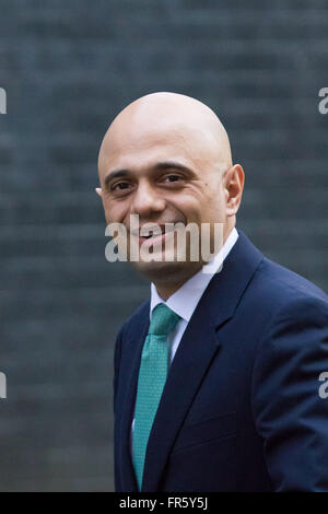 Downing Street, Londres, 21 mars 2016. Pour les affaires de l'état extérieur 10 Secrétaire Sajid Javid, Downing Street à Londres, le premier ministre David Cameron tente de rétablir l'ordre à la suite de la démission le 18 mars de Iain Duncan-Smith. Banque D'Images