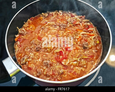 Cuisine Goulash sur la cuisinière avec de la vapeur s'élevant du pot. Banque D'Images