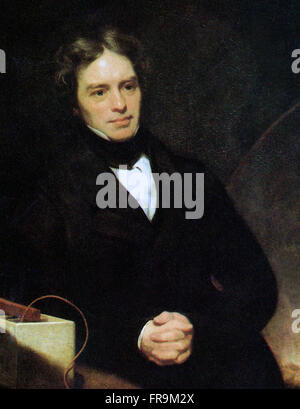 Portrait de Michael Faraday en 1842, huile sur toile par l'artiste Thomas Phillips. Michael Faraday - 22 septembre 1791 - 25 août 1867 était un scientifique anglais qui ont contribué aux domaines de l'électromagnétisme et l'électrochimie. Ses découvertes principales : ceux de l'induction électromagnétique, le diamagnétisme et électrolyse. Banque D'Images