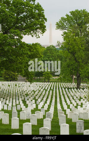 Les rangées de pierres tombales au cimetière national d'Arlington avec le Washington Monument, de l'autre côté de la rivière à Washington, D.C. Banque D'Images