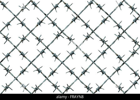 Motif de clôture de barbelés isolé sur un fond blanc comme fil de métal avec des pics soudains comme un danger pour la sécurité et la métaphore de l'incarcération et la brutalité d'un symbole ou d'icône de protection. Banque D'Images