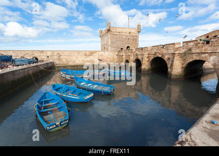 Bateaux de pêche traditionnelle dans le port à Essaouira, Maroc Banque D'Images