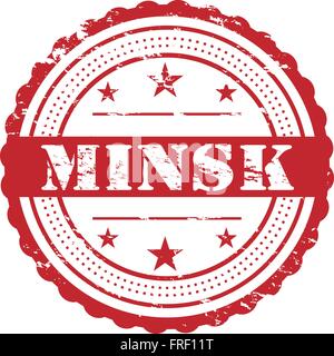 Timbres en caoutchouc rouge ronde nom avec Minsk et stars, isolated on white Illustration de Vecteur