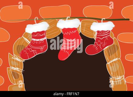 Chaussettes de Noël sur Caricature de cheminée Illustration de Vecteur