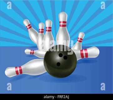 Boule de bowling s'écraser dans les broches sur fond bleu Illustration de Vecteur