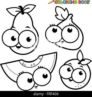 Personnages mignons de fruits de bande dessinée. Une poire, une figue, un melon et une orange. Dessins animés de fruits frais. Page de coloriage noir et blanc vectoriel. Illustration de Vecteur