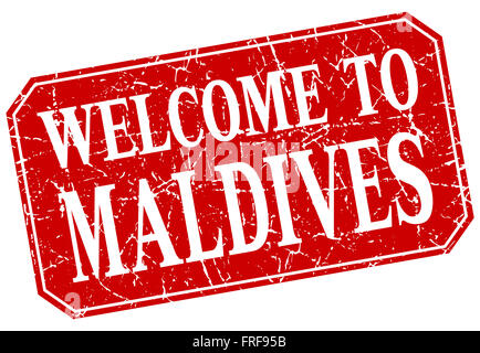 Bienvenue aux Maldives la place rouge grunge stamp Banque D'Images