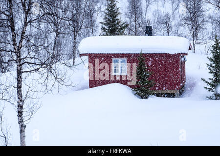 Chalet dans les bois norvégien dans la neige profonde Banque D'Images