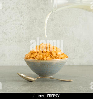 Verser le lait sur les flocons dans un bol de petit-déjeuner. La vie toujours des aliments. Concept de la saine alimentation et les habitudes du matin. Banque D'Images
