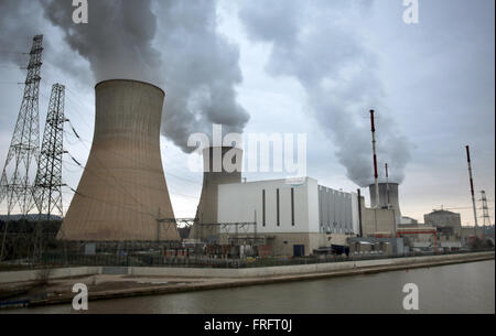 La vapeur s'élève des tours de refroidissement de la centrale nucléaire de Tihange, exploités par Electrabel, fournisseur d'électricité à Huy, Belgique, 20 janvier 2016. Photo : Oliver Berg/dpa Banque D'Images