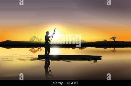 Vector Illustration de coucher du soleil, le delta du fleuve de l'Afrique avec l'homme dans le bateau, vecteur EPS 10, gradient Mesh et transparent utilisé Illustration de Vecteur