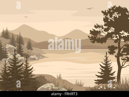 Paysages de Montagnes, Lac, arbres et d'oiseaux Illustration de Vecteur