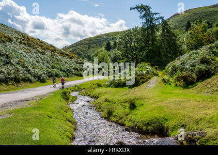 Les randonneurs dans la vallée du moulin à carder, sur le long Mynd Ridge, près de Church Stretton, Shropshire, England, UK Banque D'Images