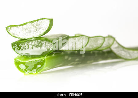 Tranches de feuilles d'aloe vera frais isolé sur fond blanc Banque D'Images