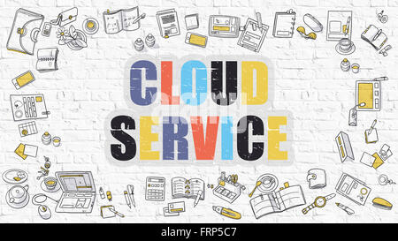 Service de nuage multicolore sur White Brickwall. Doodle Style. Banque D'Images