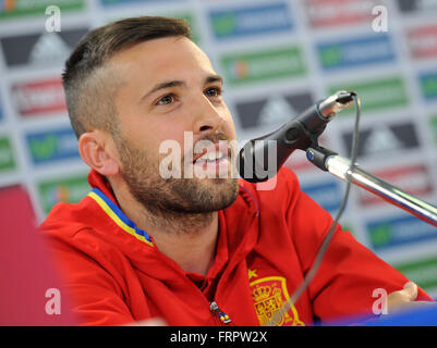 Udine, Italie. 23 mars, 2016. L'Espagne defender Jordi Alba (FC Barcelone) au cours de la conférence de presse pour le match de football amical entre l'Italie et l'Espagne à Dacia Arena le 23 mars 2016. photo Simone Ferraro / Alamy Live News Banque D'Images